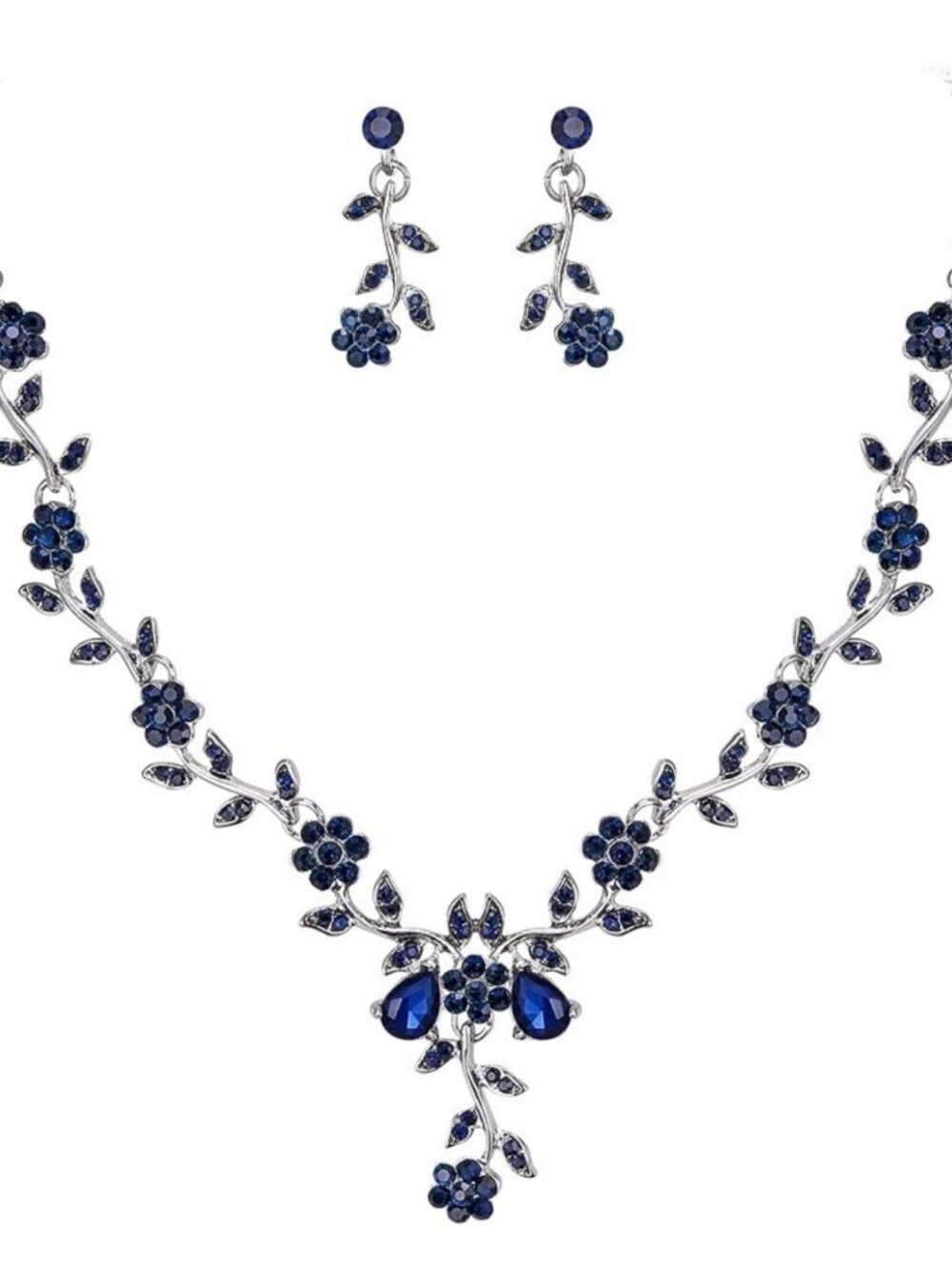 Navy Blue Silver Crystal Flower Bridal Prom Jewelry Set Necklace Earrings